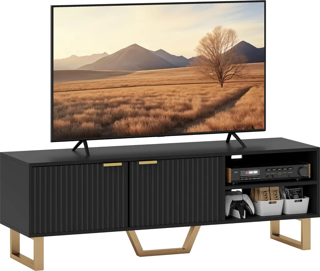Banc TV en Bois Noir 140cm Style Scandinave Chic avec Rangements Fermés