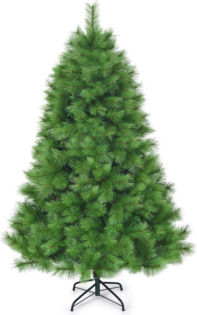 A full shot of a green artificial Christmas tree on a white background.