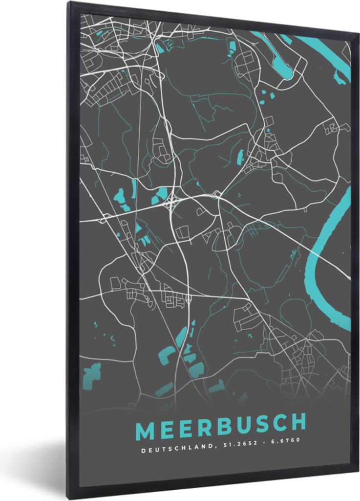 MuchoWow Gerahmtes Poster Blau - Deutschland - Karte - Stadtplan - Meerbusch 60x90 cm - Poster mit Schwarzem Bilderrahmen Wandposter Rahmen Foto ...