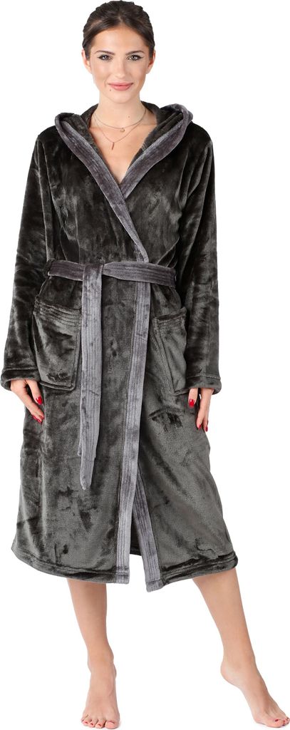 Bellivalini Damen Bademantel lang mit Kapuze und Gürtel BLV50-168 (Graphit/Grau, XL)