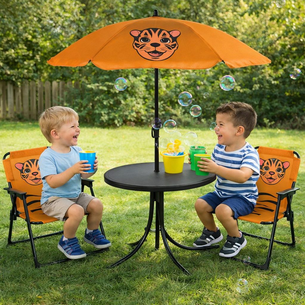 4tlg Kinder Campingmöbel Set Tiger Campingstuhl Tisch Sonnenschirm
