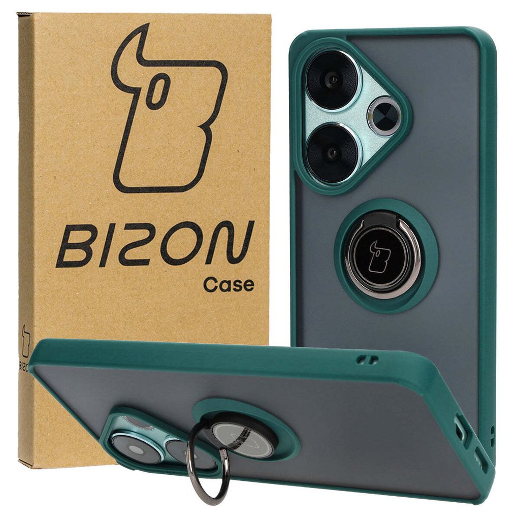 Bizon Case Hybrid Ring Fingerring Hülle für Xiaomi Poco F6, Rauch mit dunkelgrünem Rahmen