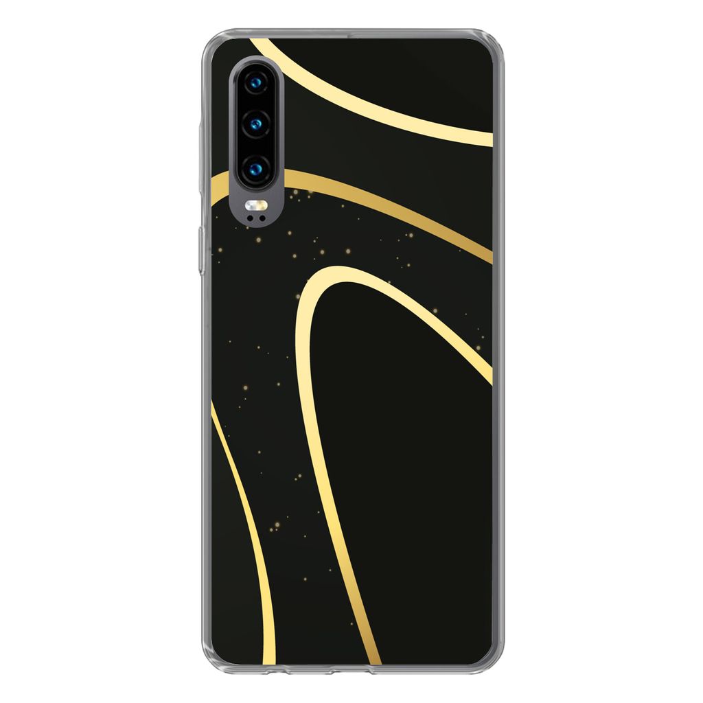 MuchoWow Handyhülle Schutzhülle Hülle für Huawei P30 Goldene Wellen auf schwarzem Hintergrund Silikon Softcase Handy Hülle - Kartenbesitzer