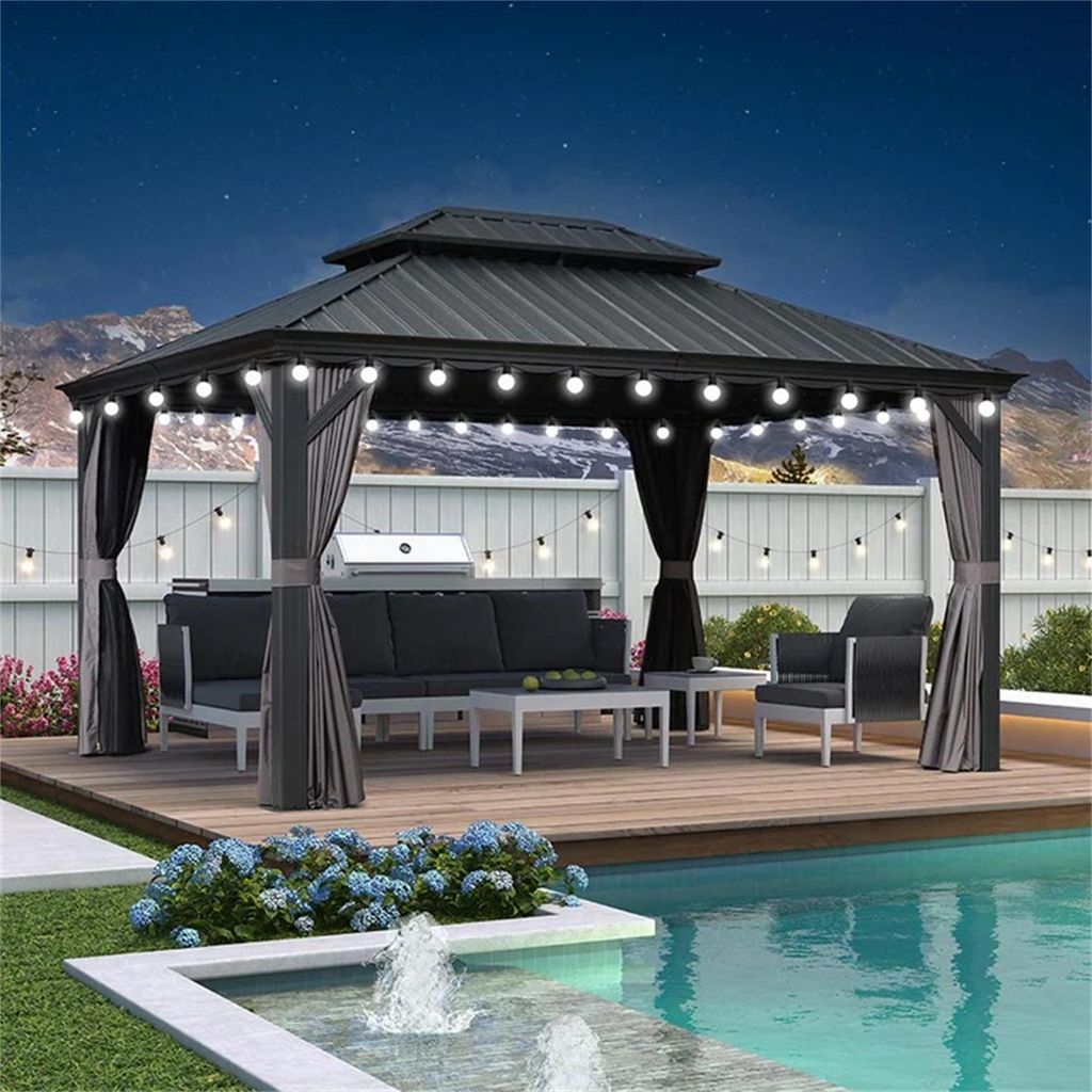 PURPLE LEAF Hardtop Pavillon 3.35x4.25m wasserdicht winterfest und stabil für den Garten,Grau,mit Beleuchtung