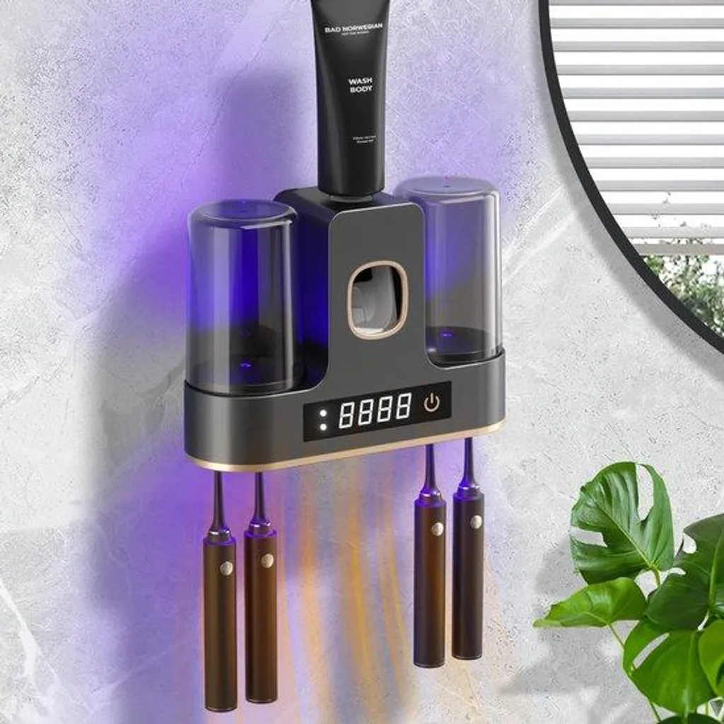 Distributeur dentifrice noir magnétique : 4 brosses et fixation sans trou