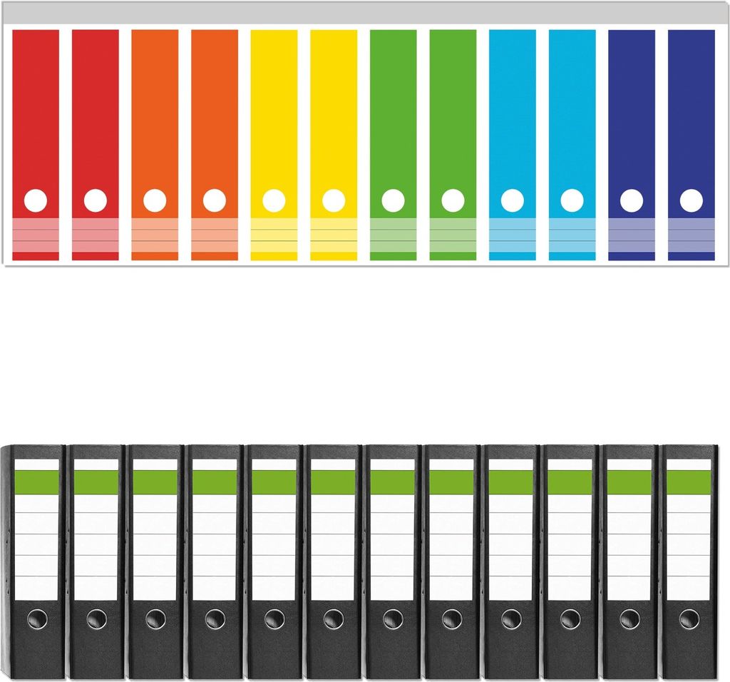 Wallario 12 Stück breite Ordner inkl. Klebeetiketten mit Motive Kräftiger bunter Regenbogen - Set mit Rückenschildern / Ordnerrücken Stickern