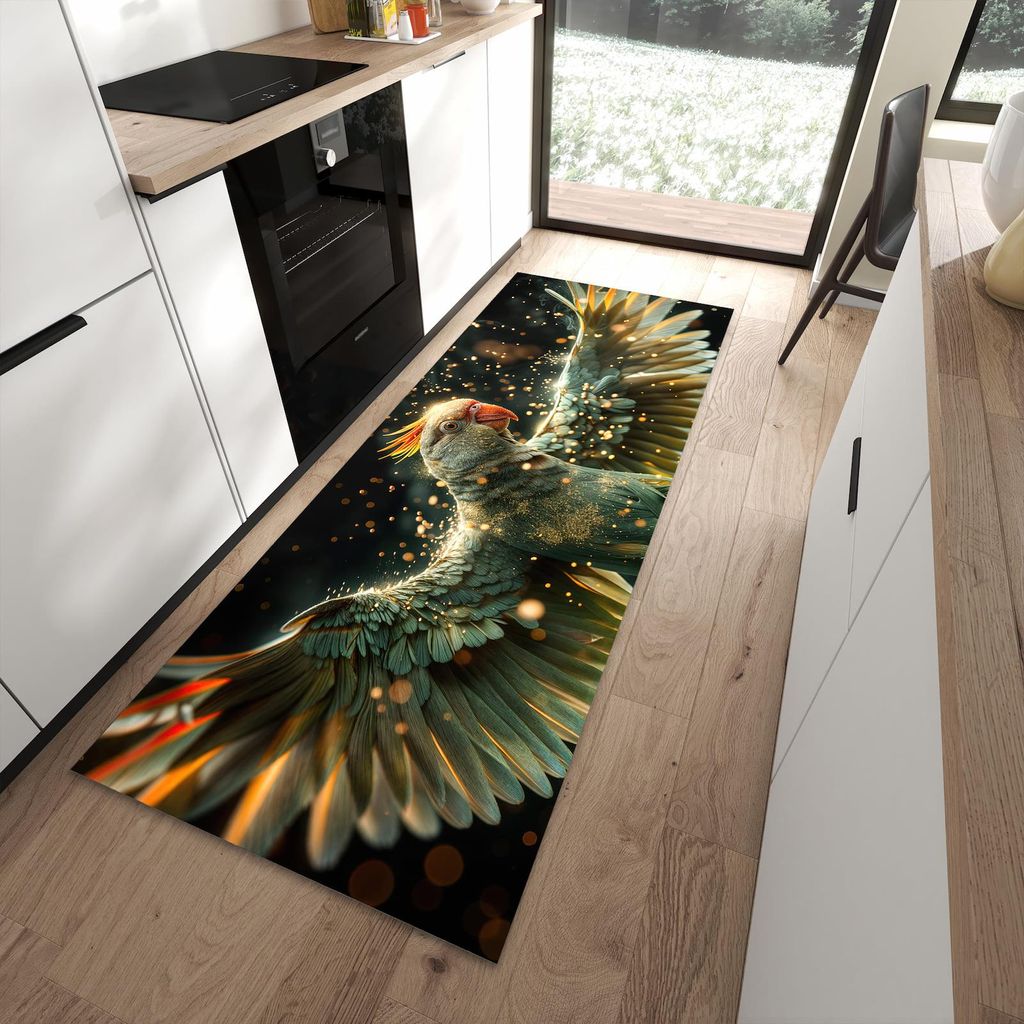Küchenteppich 90x240cm rutschfest & abwischbar PVC Läufer - Fliegender Papagei