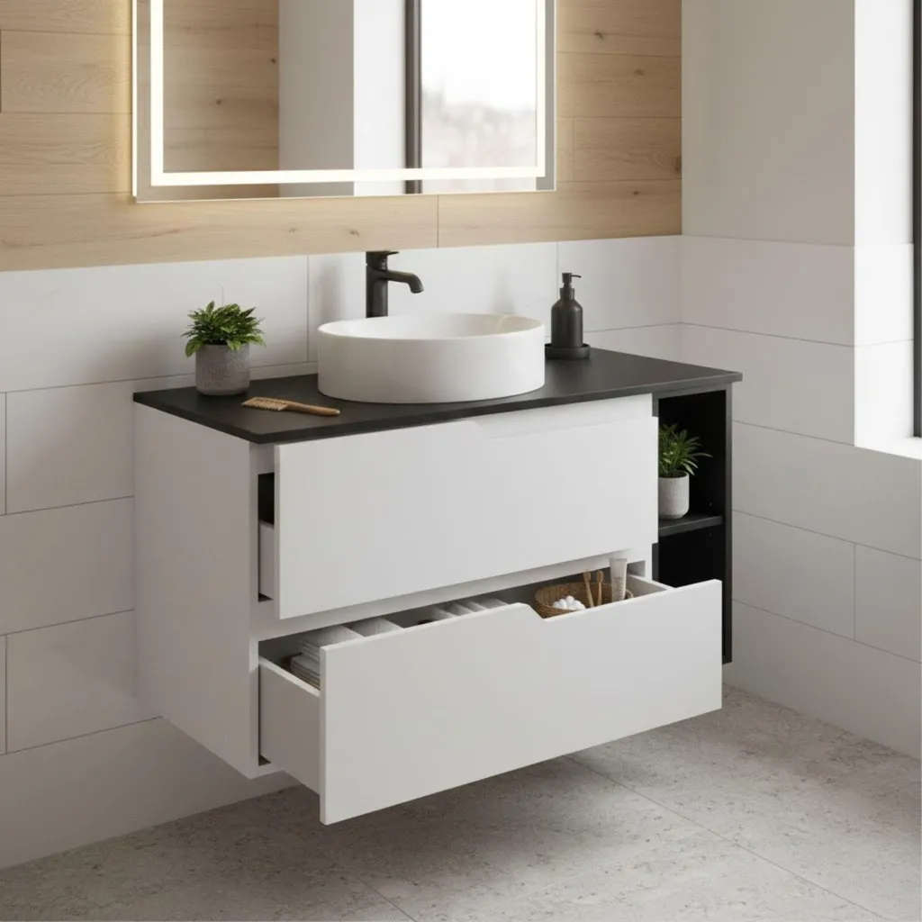 Meuble Salle de Bain 100 cm Noir et Blanc Suspendu avec 2 Tiroirs