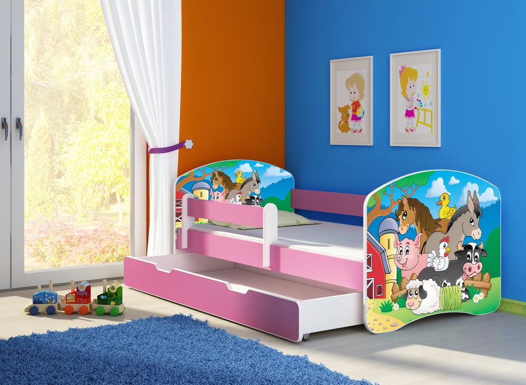 ACMA Jugendbett Kinderbett Junior-Bett Komplett-Set mit Matratze Lattenrost und Rausfallschutz Rosa 34 Farm 160x80 + Bettkasten