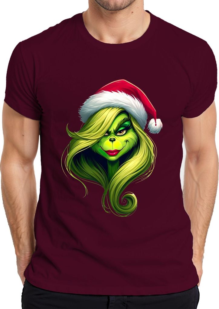 Grinch Weihnachten Geschenk grün Frau Santa Hut Haar lustig Herren T-Shirt, Burgundy, XXL