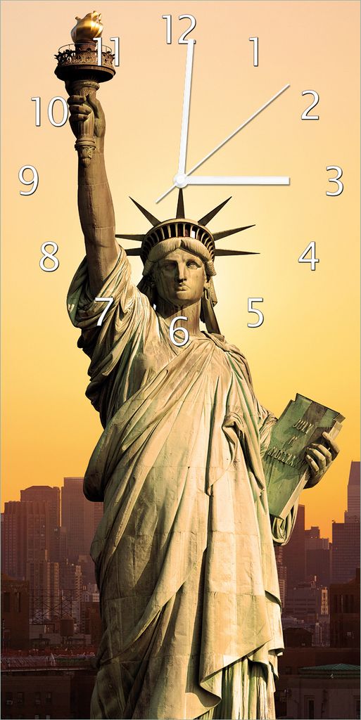 Wallario Design Wanduhr Freiheitsstatue New York aus Echtglas, Größe 30 x 60 cm