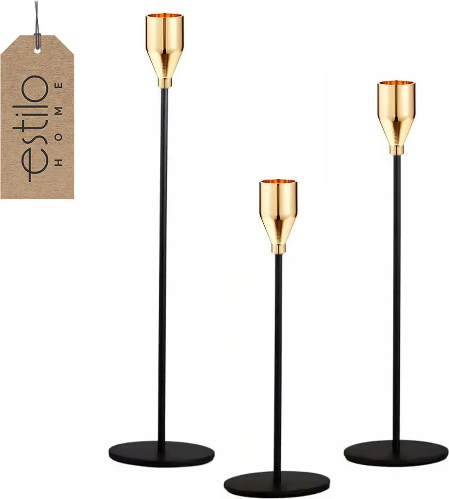 Bougeoirs de table pour Noël chic coloris noir et doré - Lot de 3 pièces
