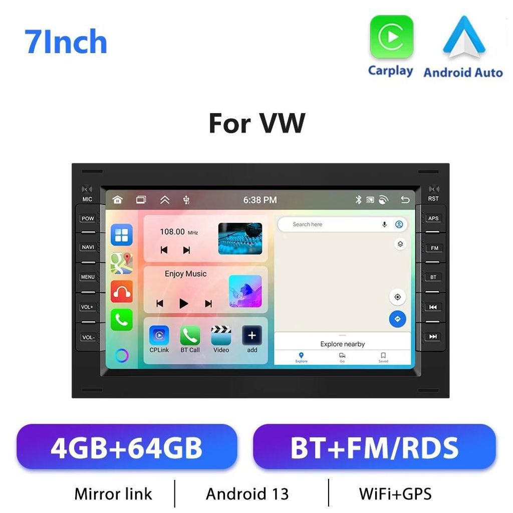 Autoradio - 2-DIN Multimedia-Player - Touchscreen 17,8 cm - CarPlay & Android Auto - Speicher 4GB RAM + 64GB ROM - Prozessor 2,0 GHz - Auflösung 1...