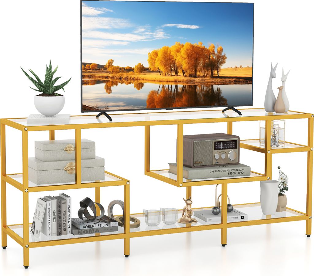 COSTWAY TV-Schrank für Fernseher bis 65”, 58” TV-Konsole mit gehärtetes Glasregalen, modernes Entertainment-Center Gold