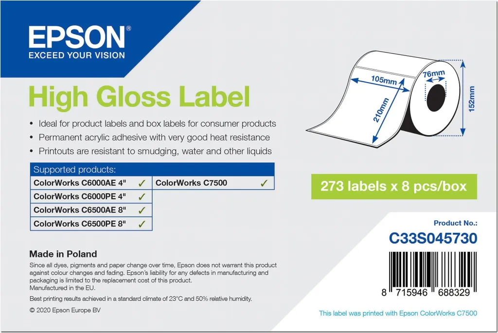 Rouleau d'étiquettes adhésives brillantes Epson 105 x 210 mm prédécoupées