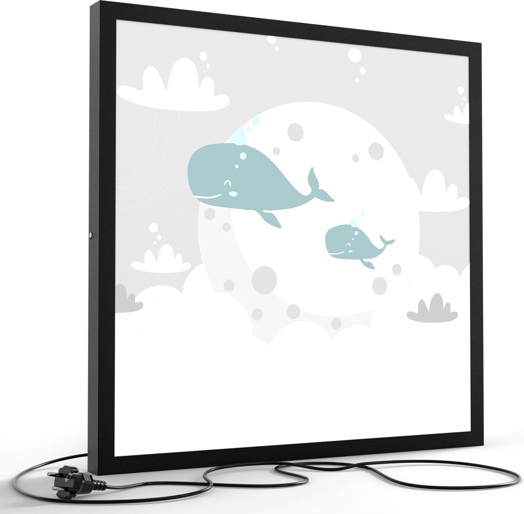 DEQORI LED-Bild & Lampe 60x60 cm Schwarz 'Mondreise mit Walen' Leuchtbild LED Leuchte