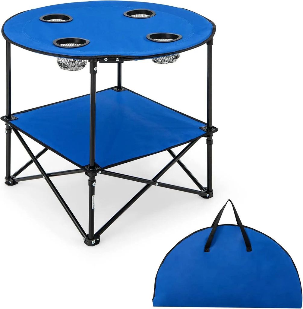 Campingtisch - 2-stöckiger Klapptisch - Mit Getränkehaltern - Mit Tragetasche - Für Camping, Angeln, Picknick - Blau