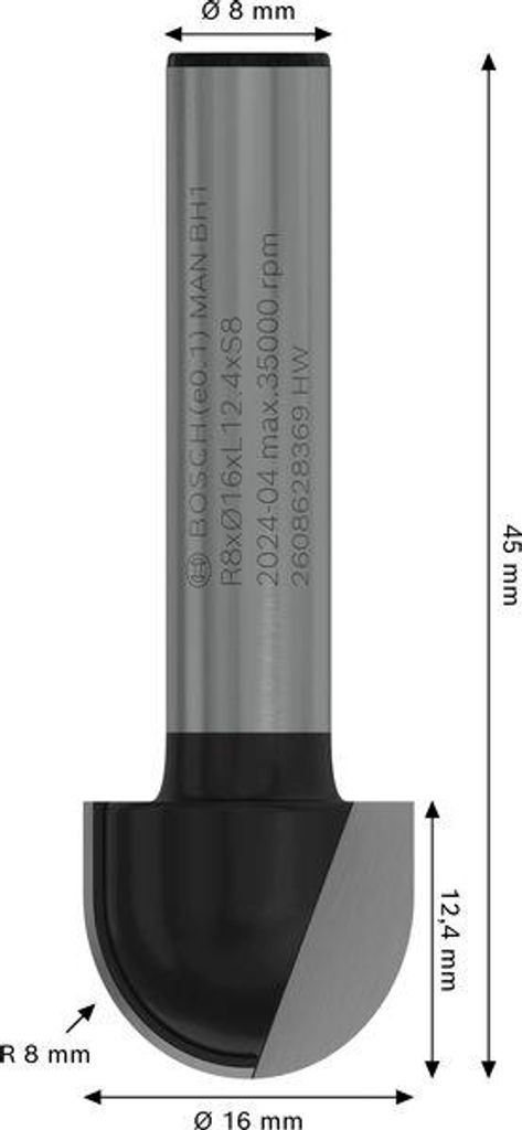PRO Hohlkehlfräser, R 8, Schaft 8 mm