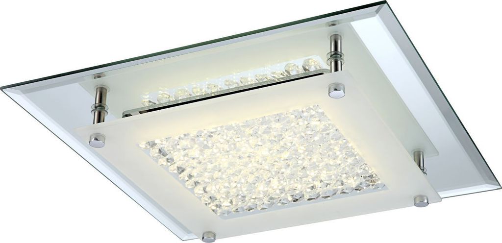 Globo Lighting Deckenleuchte Metall verchromt, Glas satiniert, Glaskristalle klar, LxBxH: 280x280x60mm, inkl. LED 12W 230V, 1280lm Source, 1010lm Output, 4000K