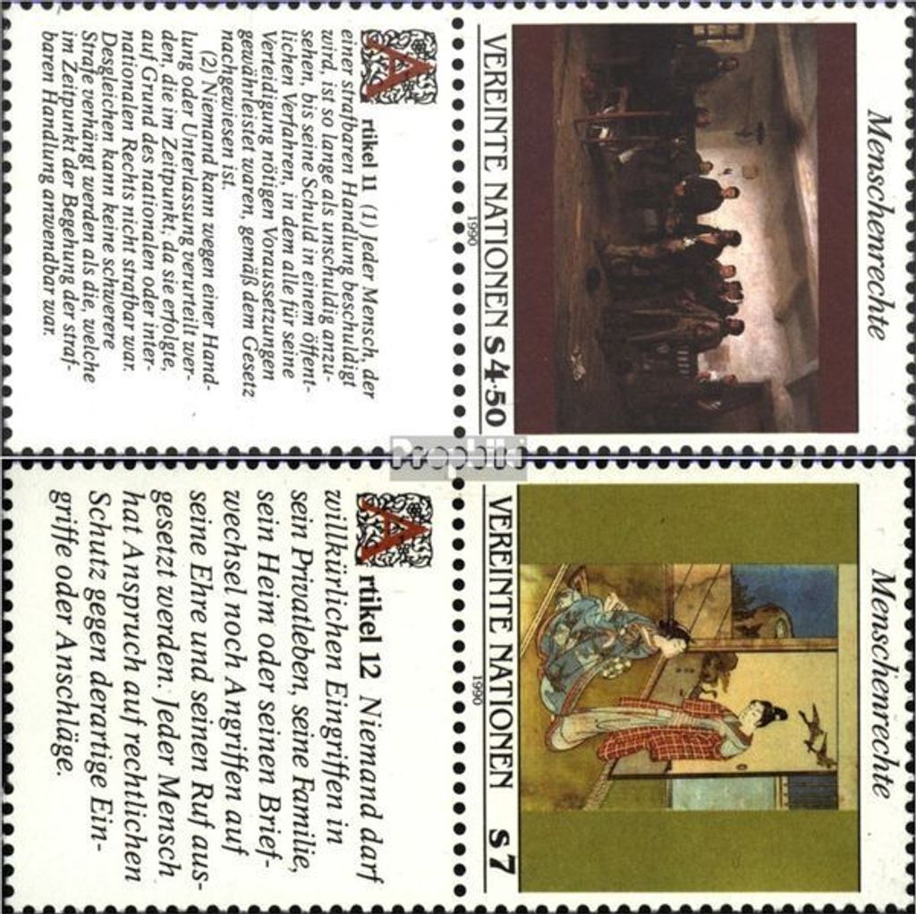 Briefmarken UNO - Wien 1990 Mi 108Zf-109Zf mit Zierfeld (kompl.Ausg.) FDC Menschenrechte