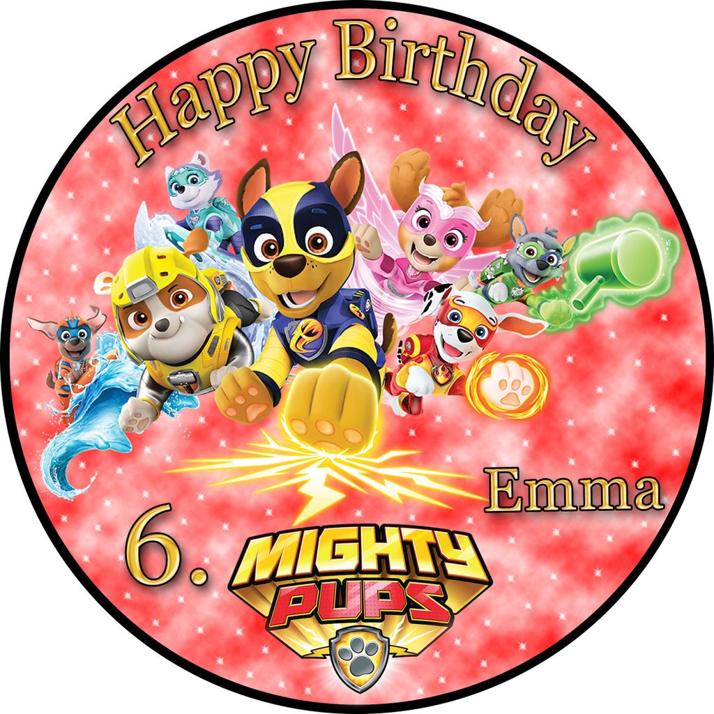 Tortenaufleger Fototorte Tortenbild Kindergeburtstag Paw Patrol Mighty Pups PP04 (Zuckerpapier) Rund 14 cm Ø ohne Foto Rot