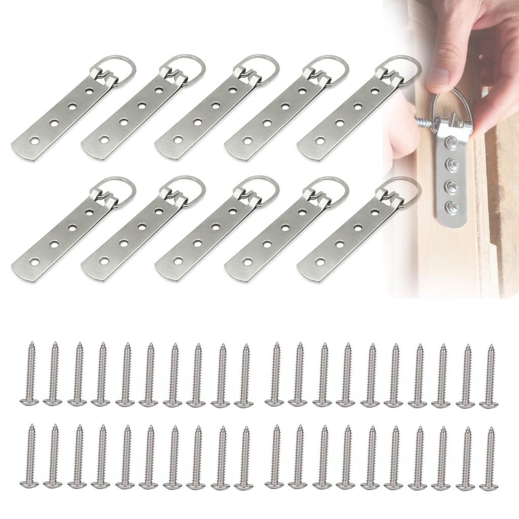 Set mit 10 D-Ringen zum Aufhängen schwerer Gemälde, Spiegel und Wanddekorationen. Stabil und mit Schrauben für Holz, Gips und Beton. Vielseitig,...