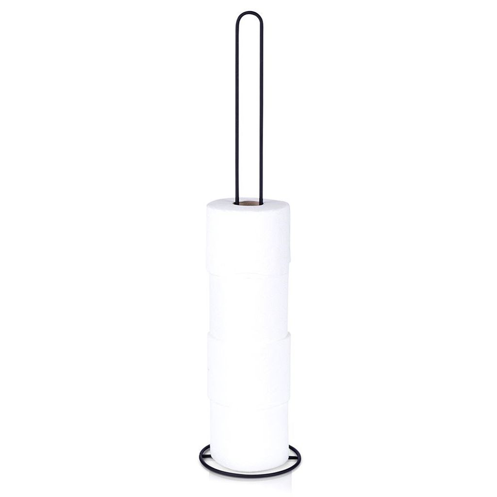 A black metal toilet paper holder with three rolls of toilet paper stacked on it, set against a white background.