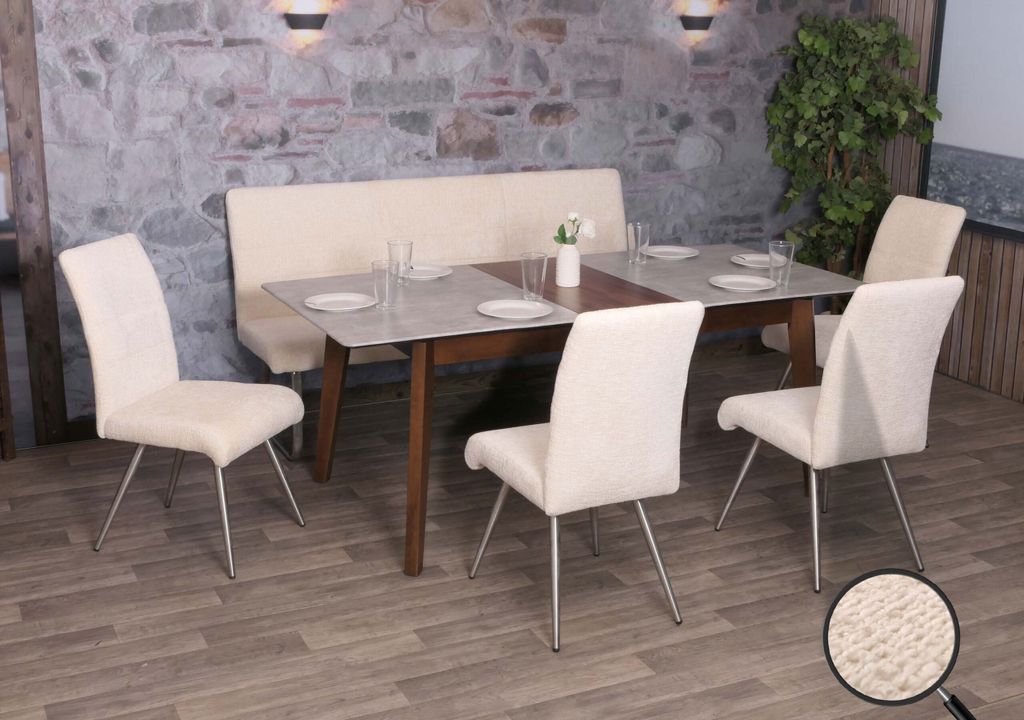 Esszimmer-Set MCW-G55, 4er-Set Stuhl + Sitzbank 180cm, Edelstahl gebürstet Stoff/Textil Chenille creme