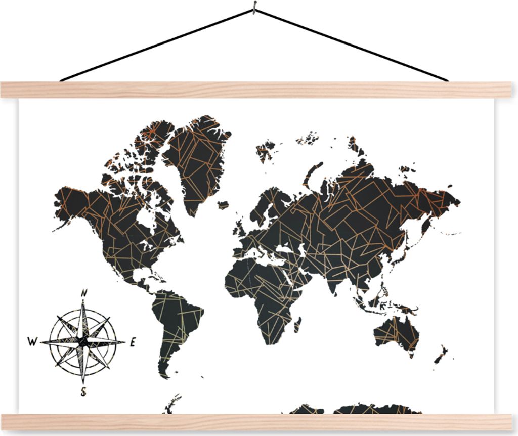 MuchoWow Textilposter Weltkarte - Schwarz - Weiß - Kupfer 120x80 cm mit holzfarbenen Rahmen - Aufhängeset