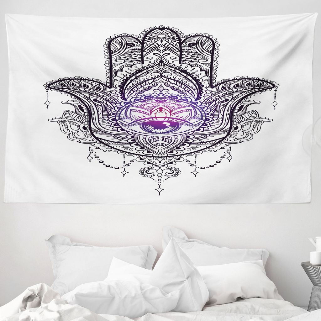ABAKUHAUS Hamsa Wandteppich, Mandala Orient Lotus aus Weiches Mikrofaser Stoff Waschbar ohne Verblassen Digitaldruck, 230 x 140 cm, Lila Schwarzweiss