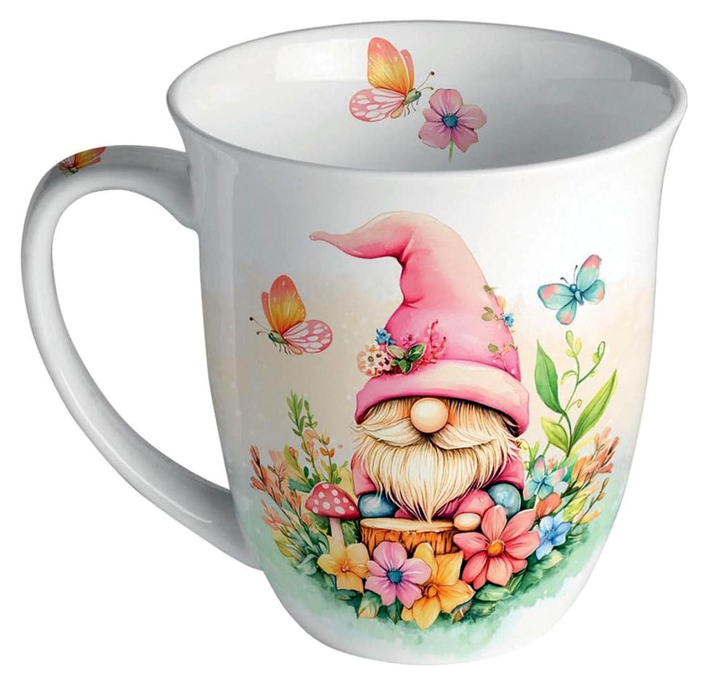 Kaffeetasse Tee Porzellan XL Jumbotasse 0,4l Gnom Zwerg Wichtel Blumen in Pastellfarben