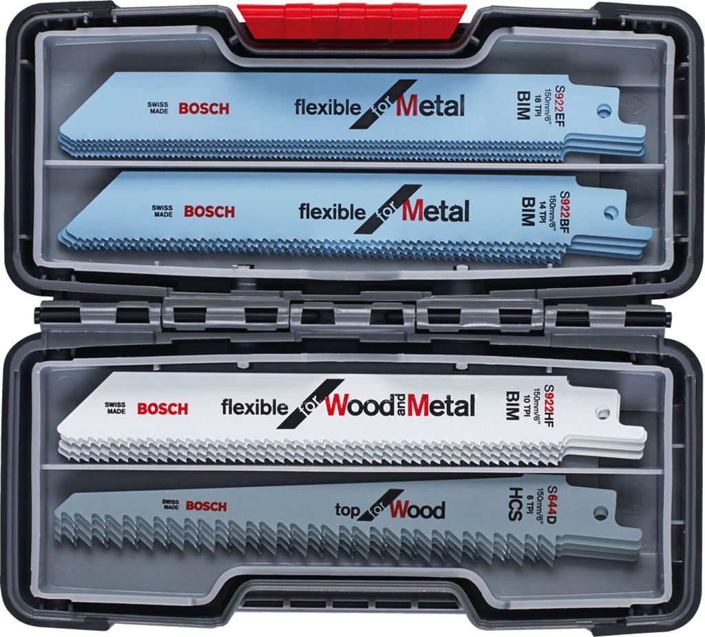 A set of Bosch reciprocating saw blades in a gray plastic case.