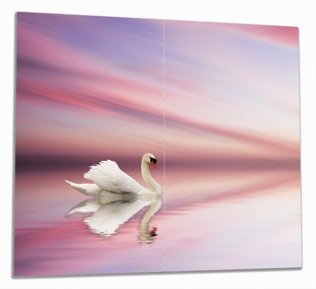 Wallario Herdabdeckplatte aus Glas, Größe 60 x 52 cm 2-teilig, Motiv Weißer Schwan im rosafarbenen See