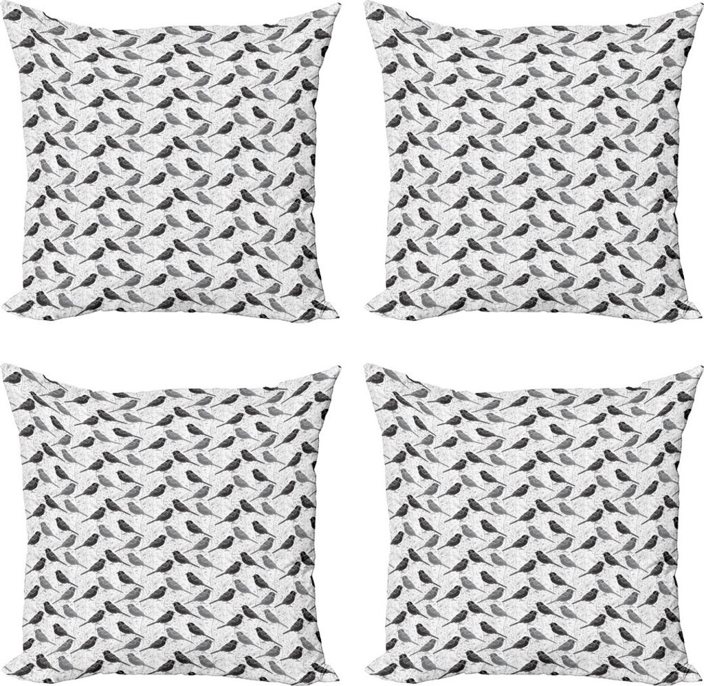 ABAKUHAUS Vögel Kissenbezug Set (4 Stück), Northern Mockingbirds, Moderner Doppelseitiger Digitaldruck, 60 cm x 60 cm, Grau Schwarz Weiß