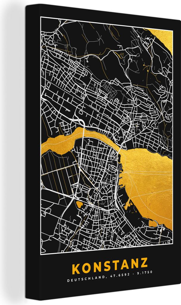 OneMillionCanvasses - Leinwandbilder - 90x140 cm, Konstanz - Gold - Stadtplan - Deutschland - Karte, Wandbilder Kunstdruck Wanddekoration - Foto ...