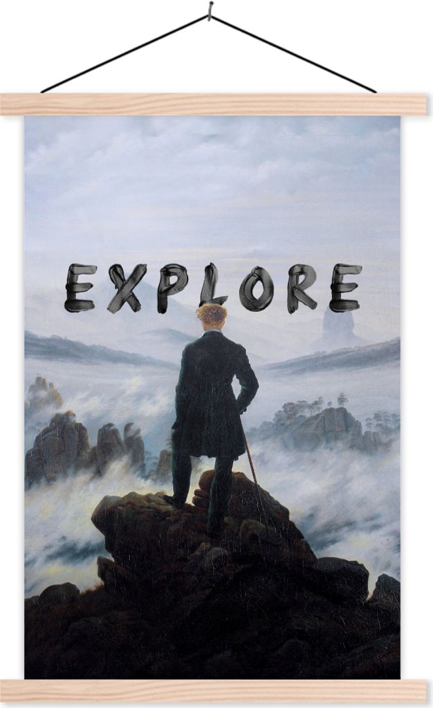MuchoWow Textilposter Der Wanderer über den Nebeln - Caspar David Friedrich - Explore 60x90 cm mit holzfarbenen Rahmen - Textil