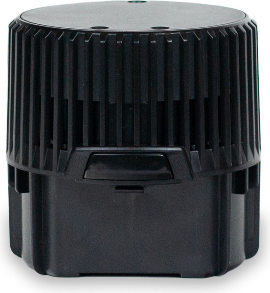 A black vacuum cleaner battery pack is shown from the front.