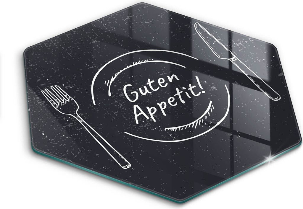 Glasschneideplatte - Herdabdeckplatte - Hexagon 40 cm - Schneidebrett - Spritzschutz - GUTEN APPETIT!