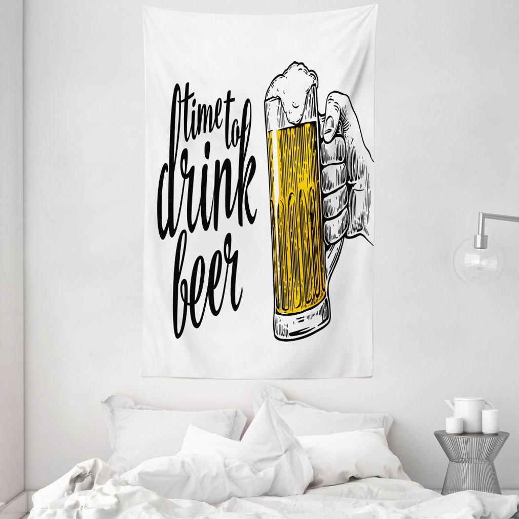 ABAKUHAUS Zitat Wandteppich und Tagesdecke, Time to Drink Beer Man aus Weiches Mikrofaser Stoff Waschbar ohne Verblassen Digitaldruck, 140 x 230 cm...