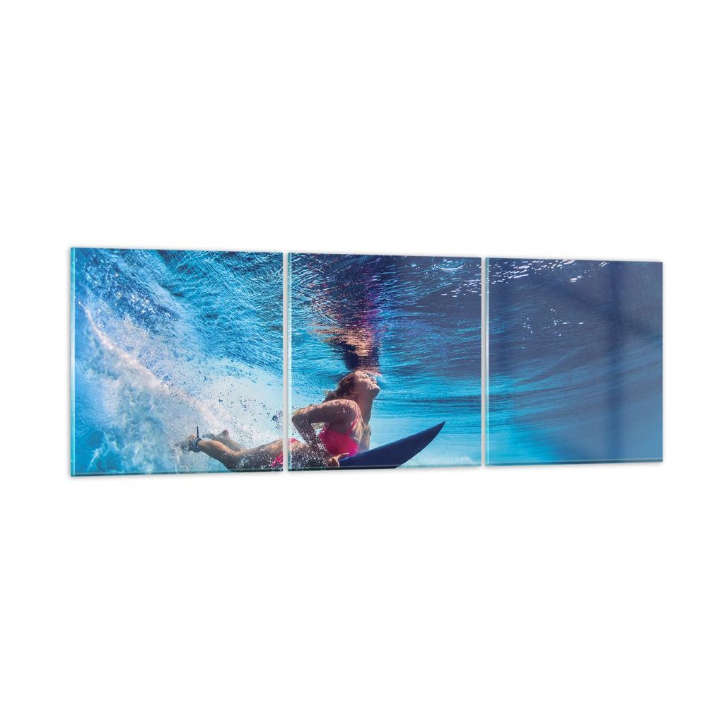 Bilder auf glas - 3 Teile - Surfen Frau Unterwasser - 150x50cm - Glasbilder - Wandbilder - Bilder - zum Aufhängen bereit - Wanddekoration aus Glas...