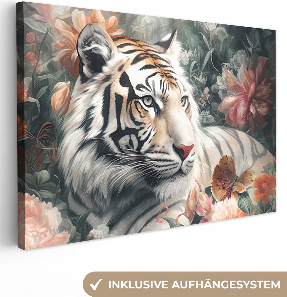 OneMillionCanvasses - Leinwandbilder - 140x90 cm, Tiger - Wildtiere - Blumen - Dschungel, Wandbilder Kunstdruck Wanddekoration - Foto auf Leinwan...
