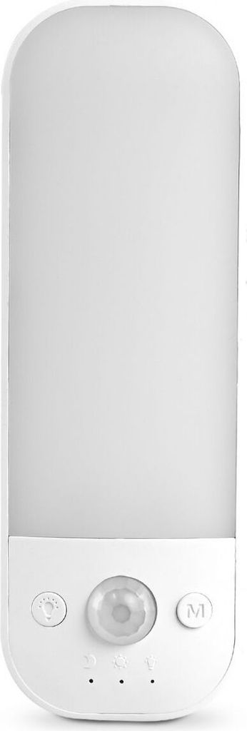 A white LED night light with a motion sensor and buttons on the front.