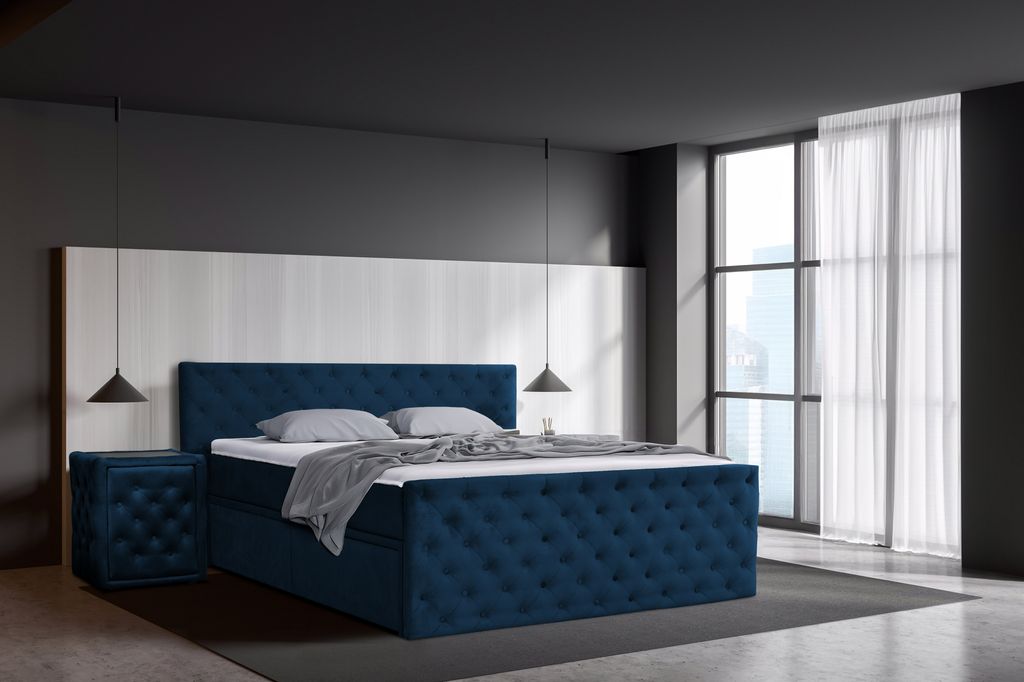 Boxspringbett 140 x 200 cm mit Bettkasten, Matratzen und Topper, Bonell-Matratzen H3, Dunkelblau Aosta