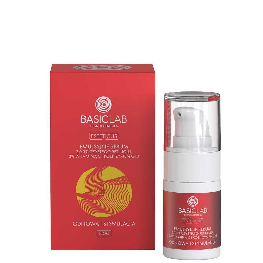 BasicLab Dermocosmetics Face Serum with Retinol, Coenzyme Q10, and Vitamin C 15ml Anti-Wrinkle Night Serum for Women