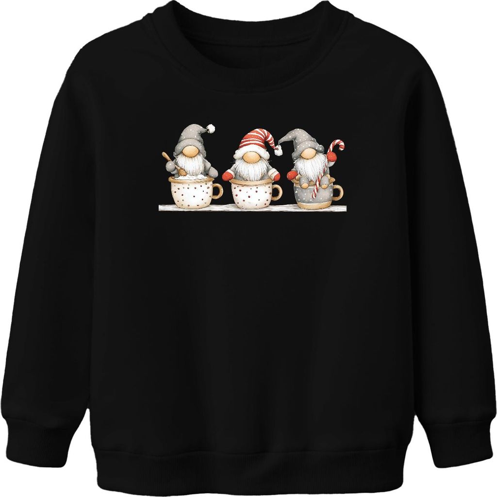 Weihnachtswichtel Becher Bart Schneeflocken Zuckerstange Vintage Uni Kinder Sweatshirt Pullover, Schwarz, 116