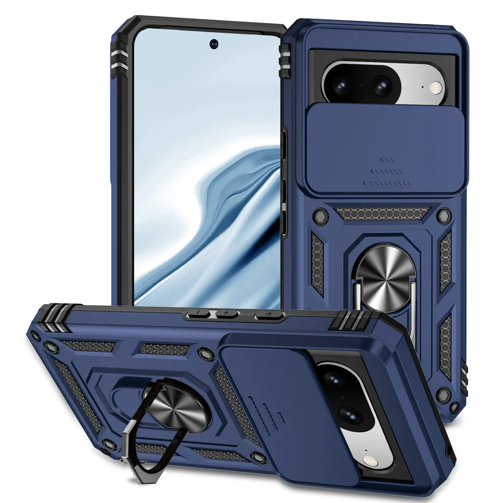 Custodia per Google Pixel 8 a doppio strato con copertura scorrevole della fotocamera e supporto ad anello blu