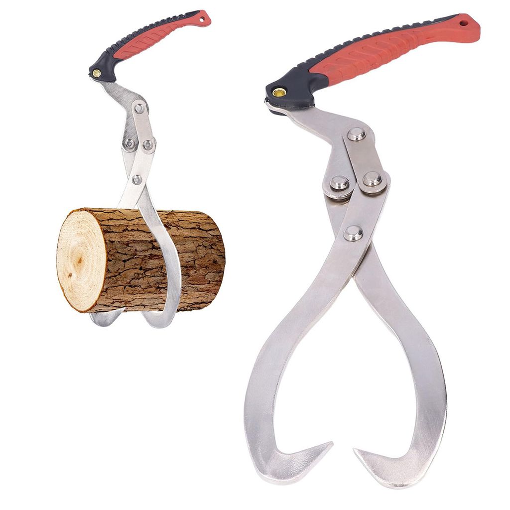 Two views of a log grabber tool, one holding a log.