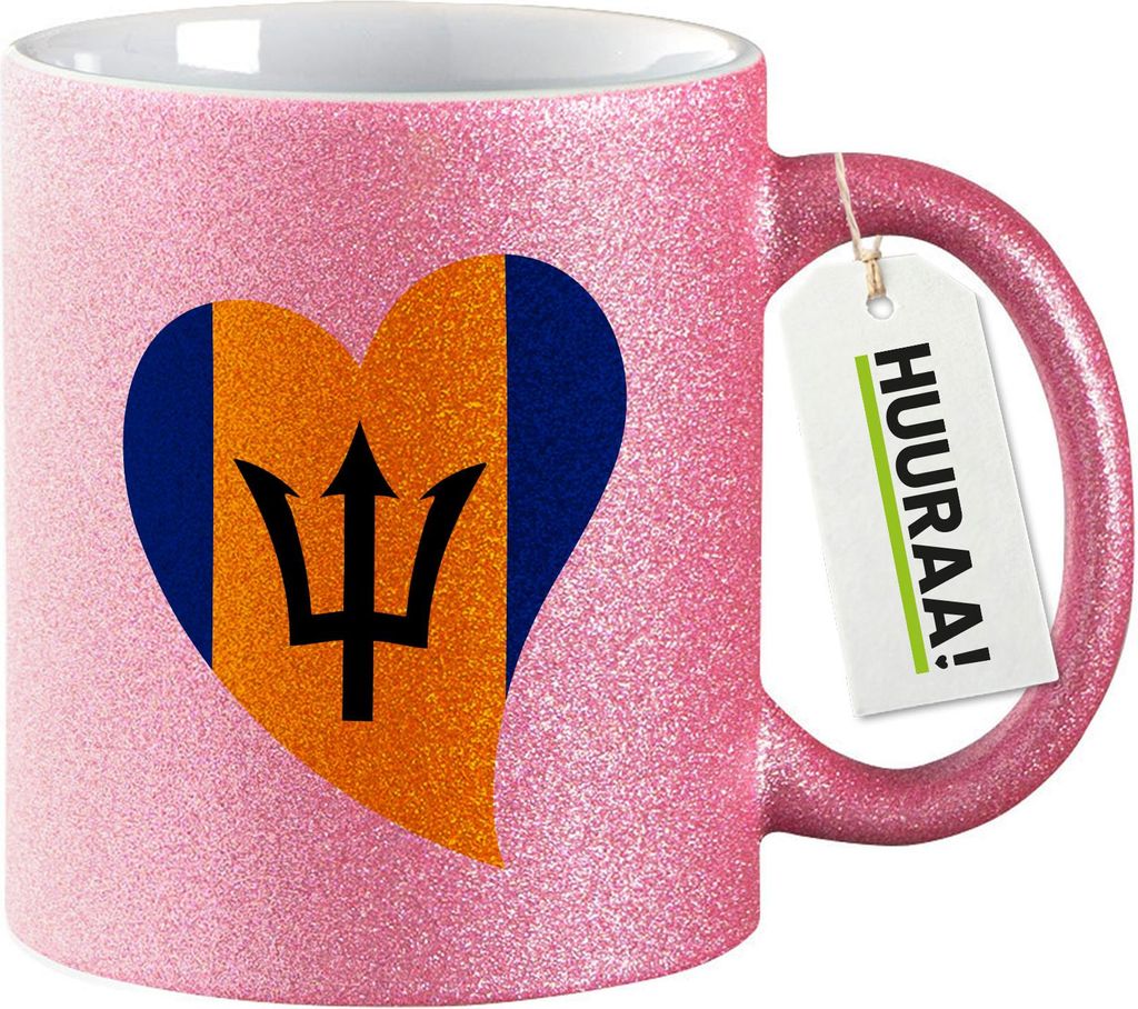 Huuraa Glitzertasse Barbados Flagge Herz 330ml Pink Keramik Kaffeebecher Geschenkidee