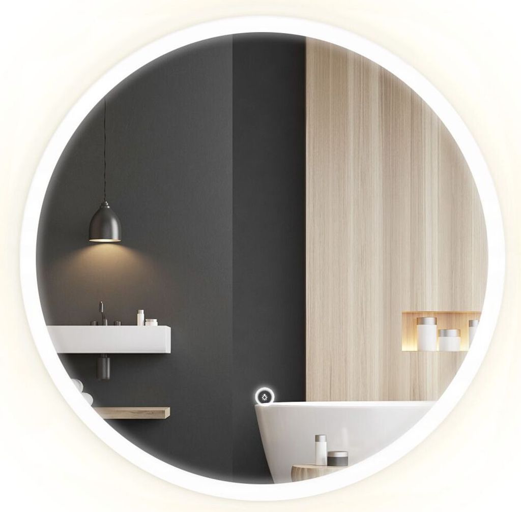 A modern bathroom scene reflected in a round LED mirror.