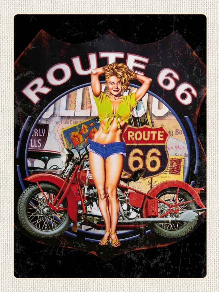 vianmo Holzschild 40x30 cm USA Amerika Route US 66 Biker Frau Bildmotiv Reisemotiv